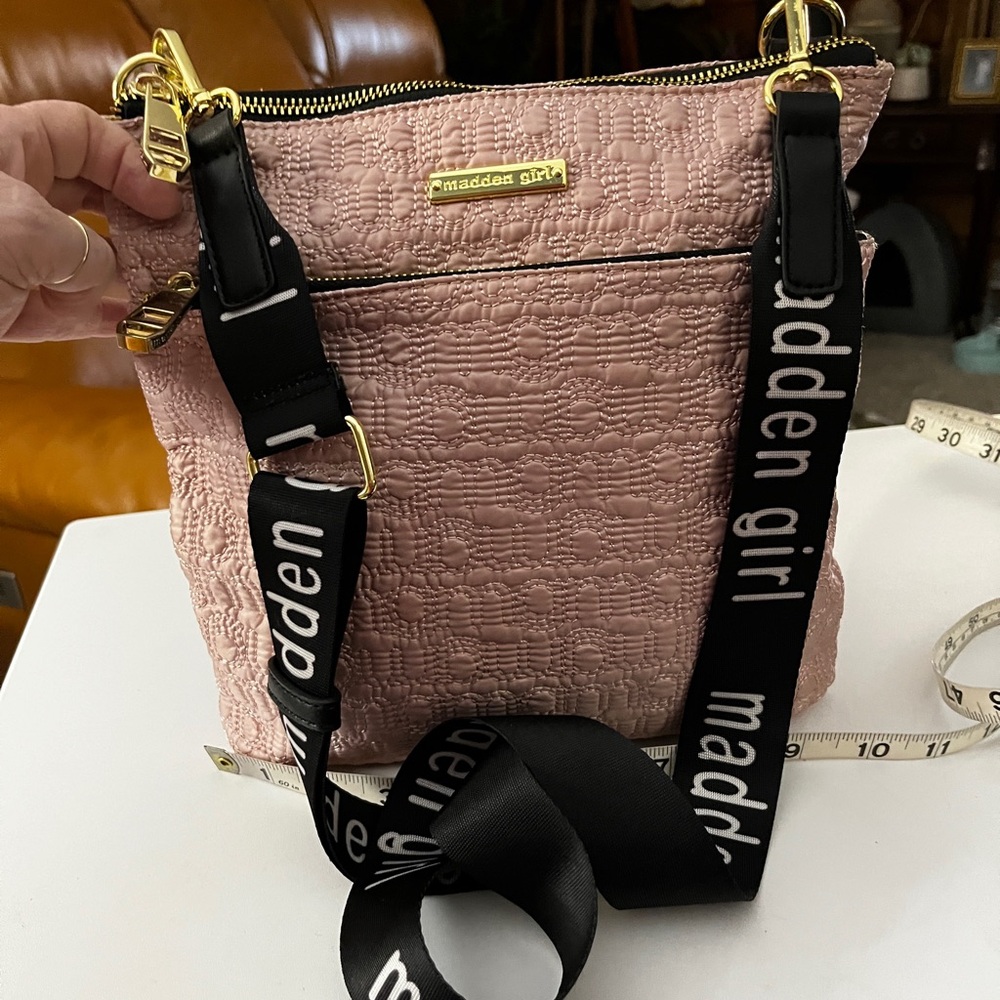 Madden Girl Quilted Crossbody Bag in Dusty Rose with Black Logo Strap